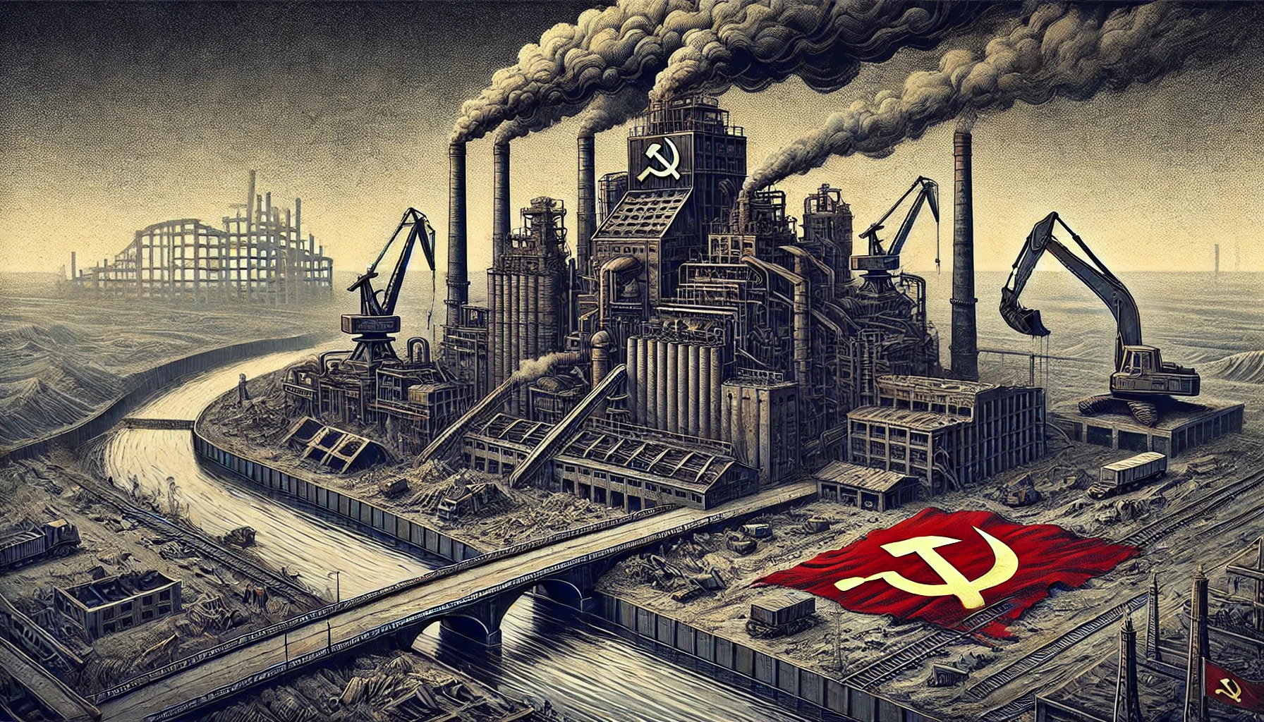 A dystopian industrial complex with Soviet-style architecture, filled with smokestacks emitting dark clouds. The scene is dominated by massive factories, cranes and decaying infrastructure. A large red flag with a hammer and sickle lies prominently on the ground, symbolizing communist industrialization. The environment appears bleak and polluted, emphasizing overproduction and economic decline.